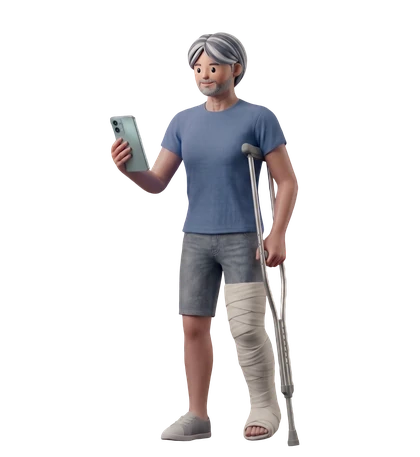 A man on crutches with his leg in a cast, using the app